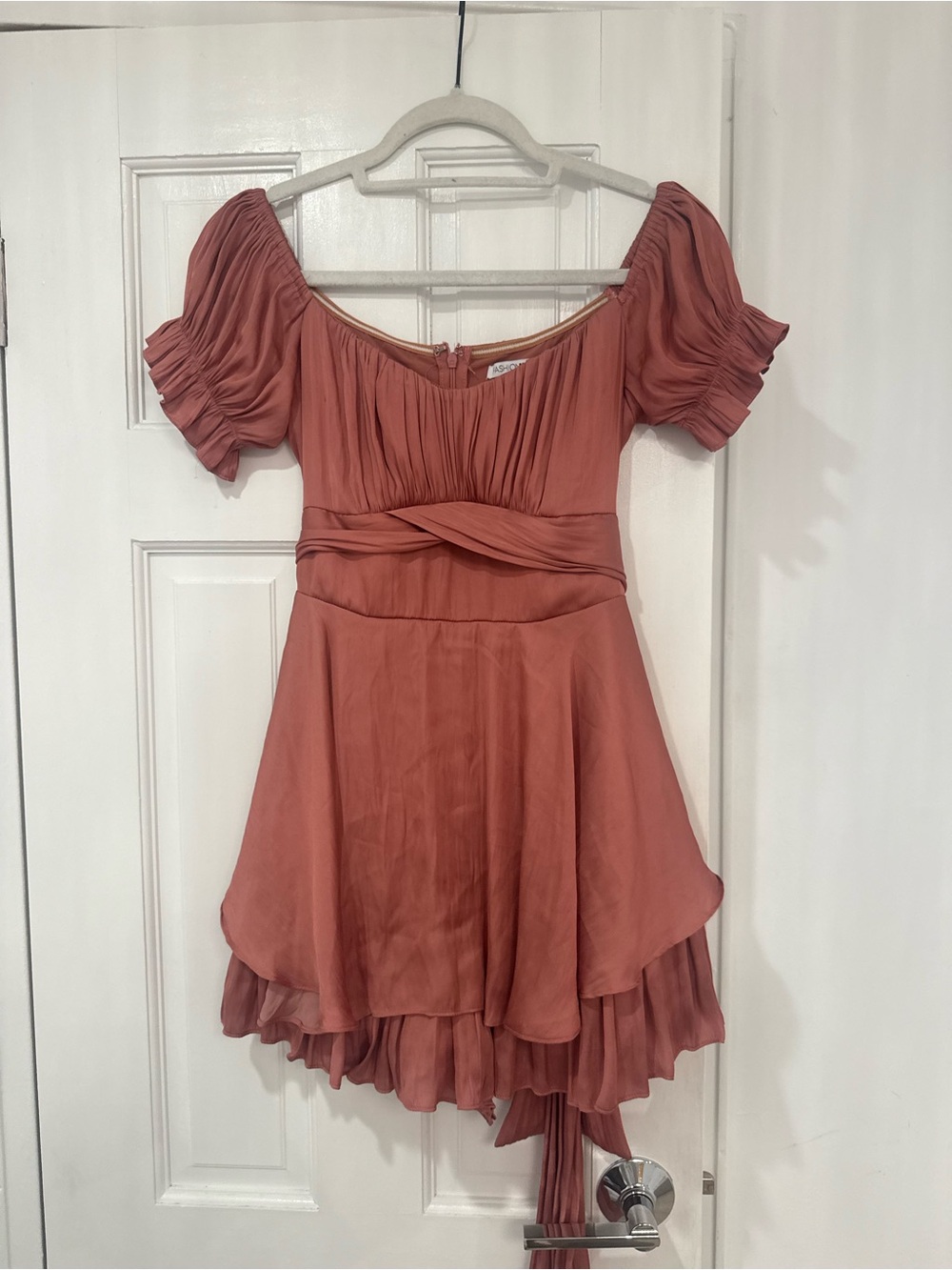 Women’s Fashion Nova Rust Pink Ruched Tie Princess Sleeve Short Flowy Mini Dress